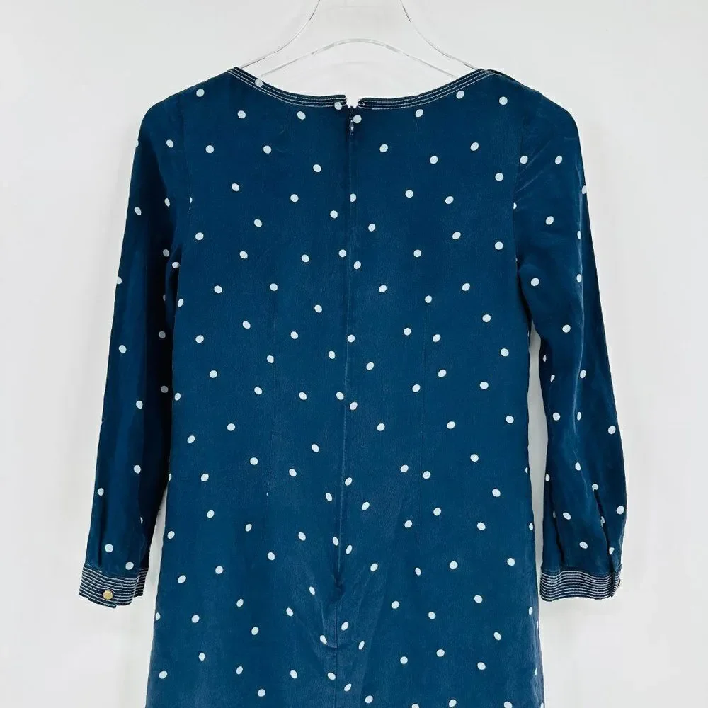 J. Crew Size 00 Navy Blue & White Polka Dot 100% Silk 3/4 Sleeve Shift Dress